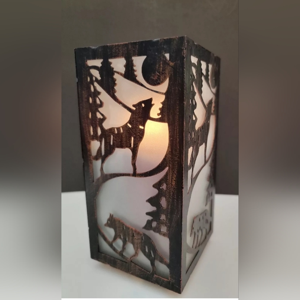 Vintage 8" Copper Frosted Lantern Wolves ,Forest & the Moon CBK LTD  TN 1999